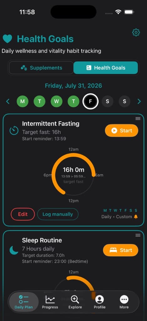 Vitakai Daily Plan Health Goals tab for Friday July 31 showing an Intermittent Fasting goal in progress with a 16-hour target and a live fasting timer ring, plus a Sleep Routine goal targeting 7 hours nightly with a 23:00 bedtime reminder — habits stacking alongside the supplements plan