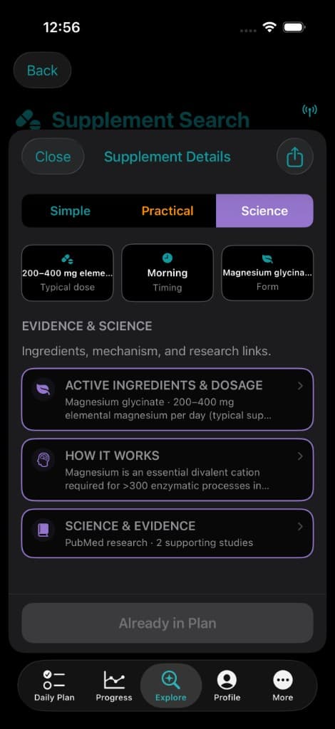 Vitakai Supplement Details for Magnesium Glycinate on the Science tab, showing Active Ingredients and Dosage of 200 to 400 mg elemental magnesium per day, a How It Works explainer covering magnesium as a cofactor in over 300 enzymatic processes, and a Science and Evidence card with PubMed research and two supporting studies