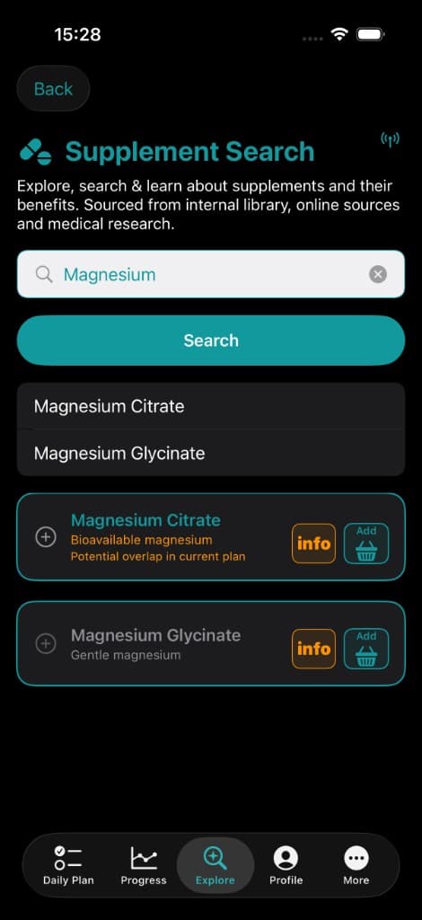 Vitakai Supplement Search results for Magnesium showing Magnesium Citrate flagged as a potential overlap in the current plan and Magnesium Glycinate as an alternative, with info and add-to-plan actions