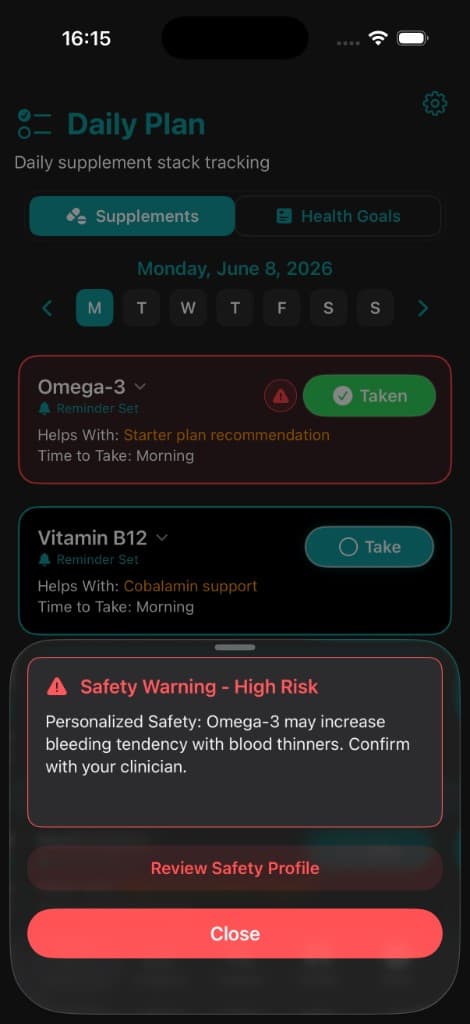 Vitakai Personalized Safety high-risk warning that Omega-3 may increase bleeding tendency with blood thinners, with Review Safety Profile and Close actions