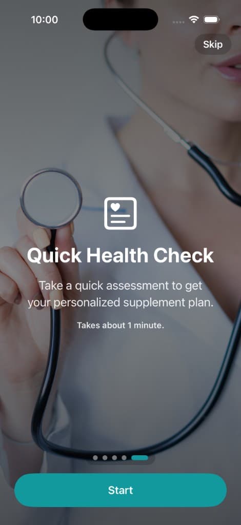 Vitakai Quick Health Check welcome screen with cinematic photography of a wellness practitioner and a Start button to begin a personalized assessment