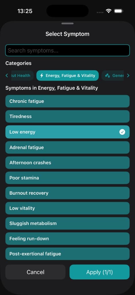 Vitakai Quick Search Select Symptom screen with the Energy, Fatigue & Vitality category active and Low energy tapped from a curated list of fatigue symptoms — Apply 1/1 ready to confirm — demonstrating the tap-to-select path