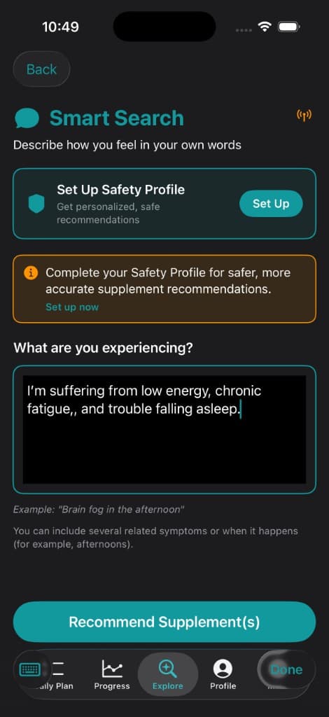 Vitakai Smart Search screen with a typed free-form query describing low energy, chronic fatigue, and trouble sleeping — demonstrating the type-it-your-way path