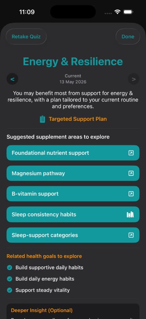 Vitakai Targeted Support Plan showing Energy & Resilience as the focus area, with five suggested supplement areas and three related health goals