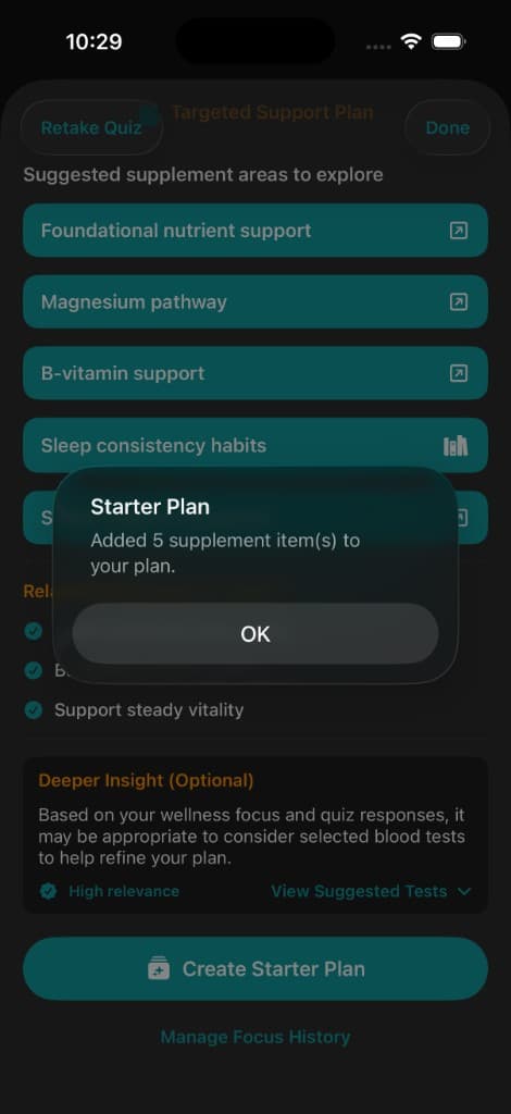 Vitakai Starter Plan confirmation modal showing five supplement items added to the daily plan